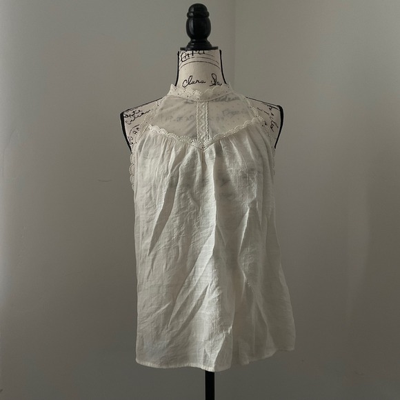 MINE Crochet Lace Neck High Neck Sleeveless Cream Tank Top Shirt M - Picture 2 of 7